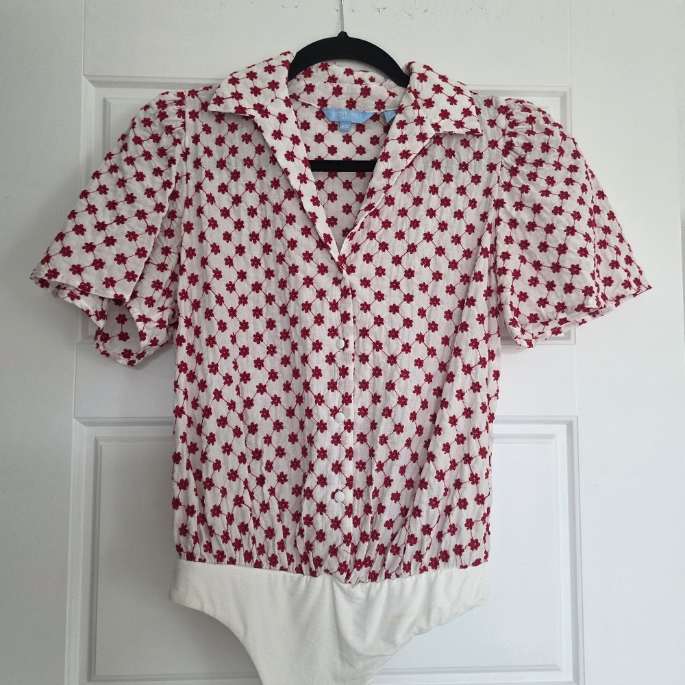 Draper James RSVP Floral Eyelet Bodysuit Shirt Red And White